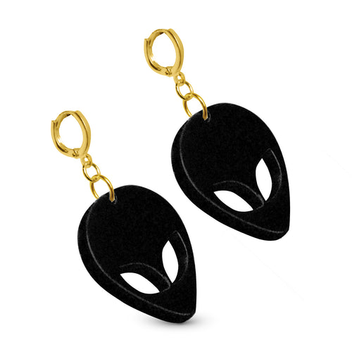 Black Alien Earrings with Gold Huggie Hardware